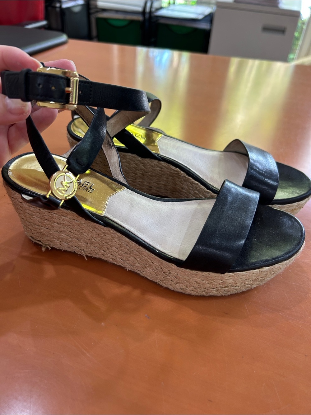 Michael Kors Black Leather Espadrille Wedge Sandals with Gold Accents